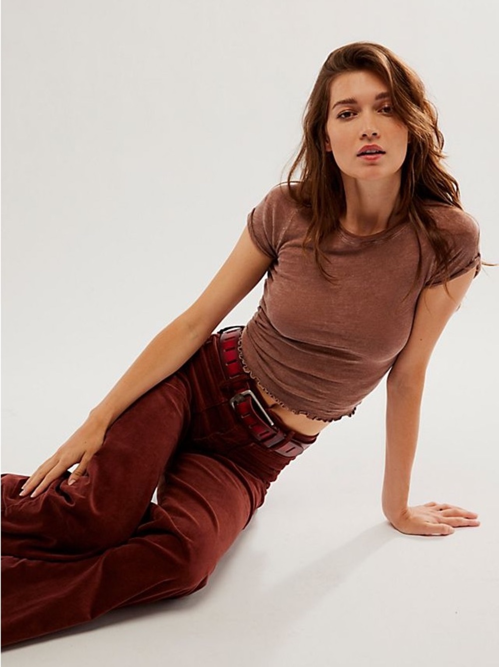 Free People We the Free Be My Baby Tee Cropped Brown Tee with Lettuce Hem - Picture 1 of 7